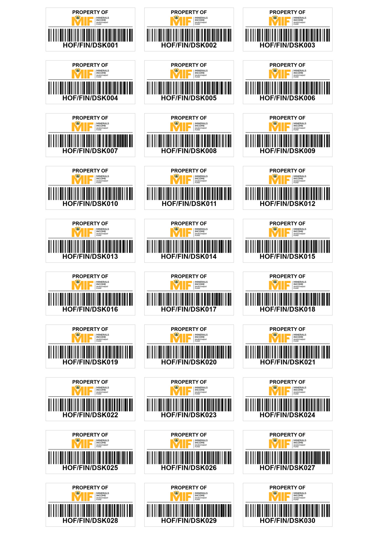 A4 sheet of colour sublimated aluminium asset-tag plates produced for the Minerals Income Investment Fund (MIIF)