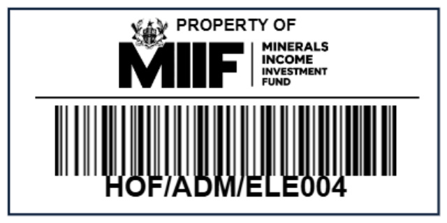 Printed Code 128 barcode asset label with organisation branding, produced for the Minerals Income Investment Fund (MIIF)