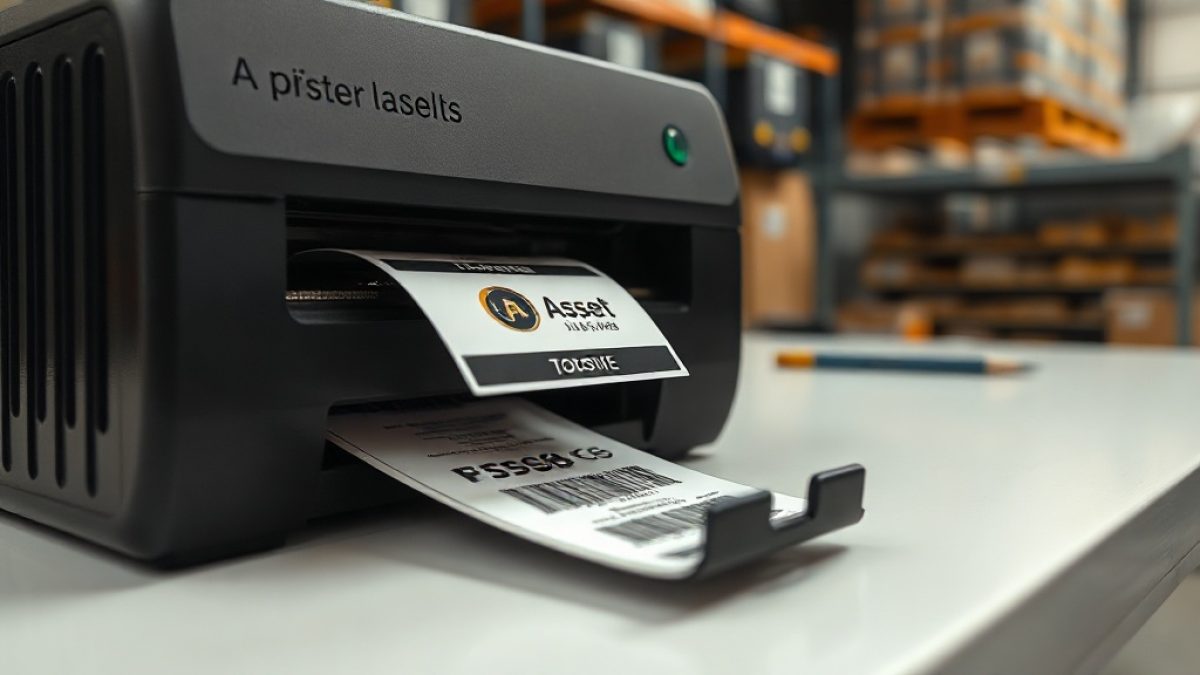 A close-up of a branded asset label with a company logo and barcode being printed on a thermal label printer
