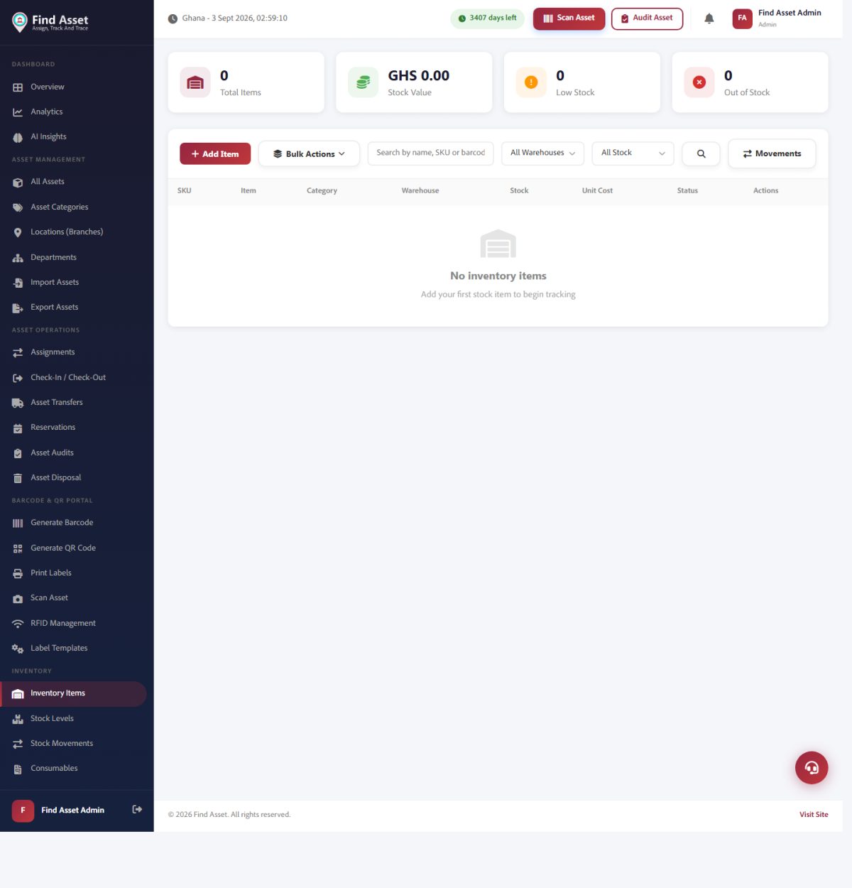 Find Asset's Inventory Items screen