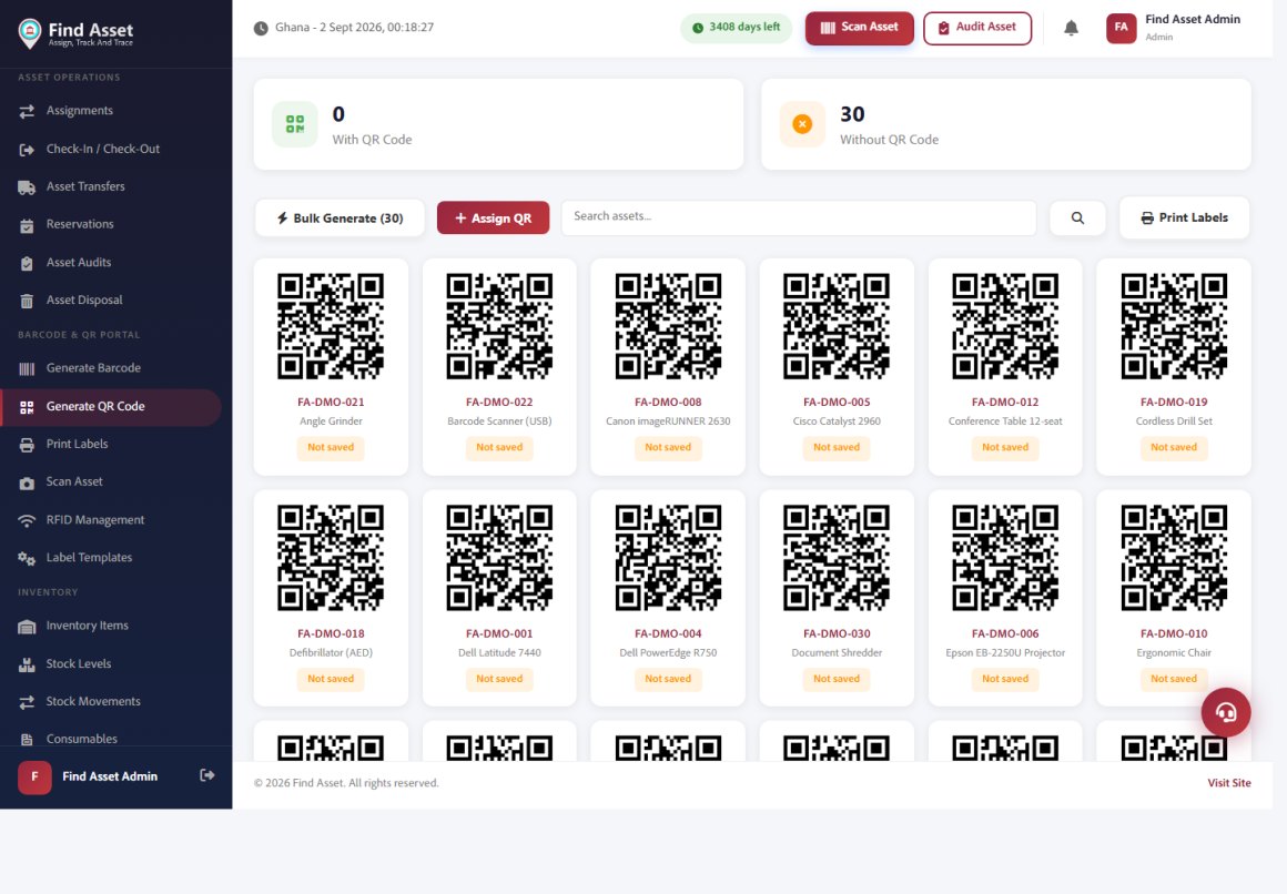 The Find Asset QR code portal showing generated QR codes for each asset in the register