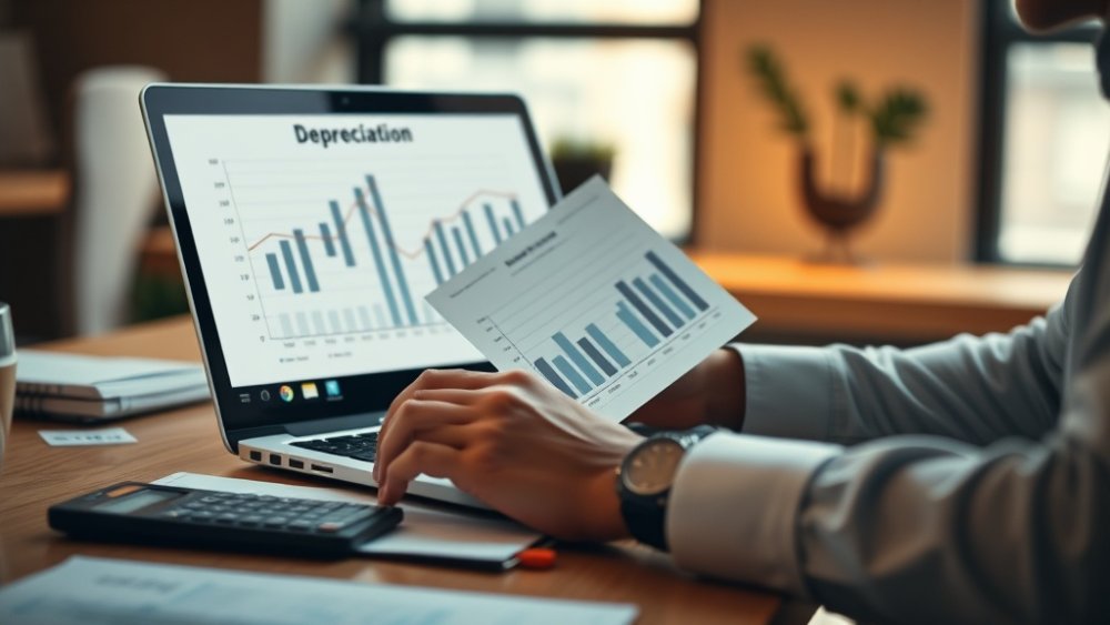 A finance manager reviews an asset depreciation schedule at a desk with a calculator and printed spreadsheets.