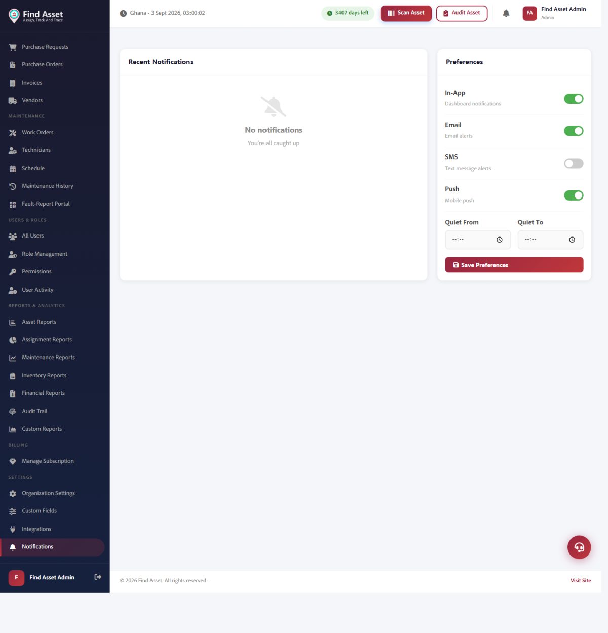 Find Asset's Notifications screen