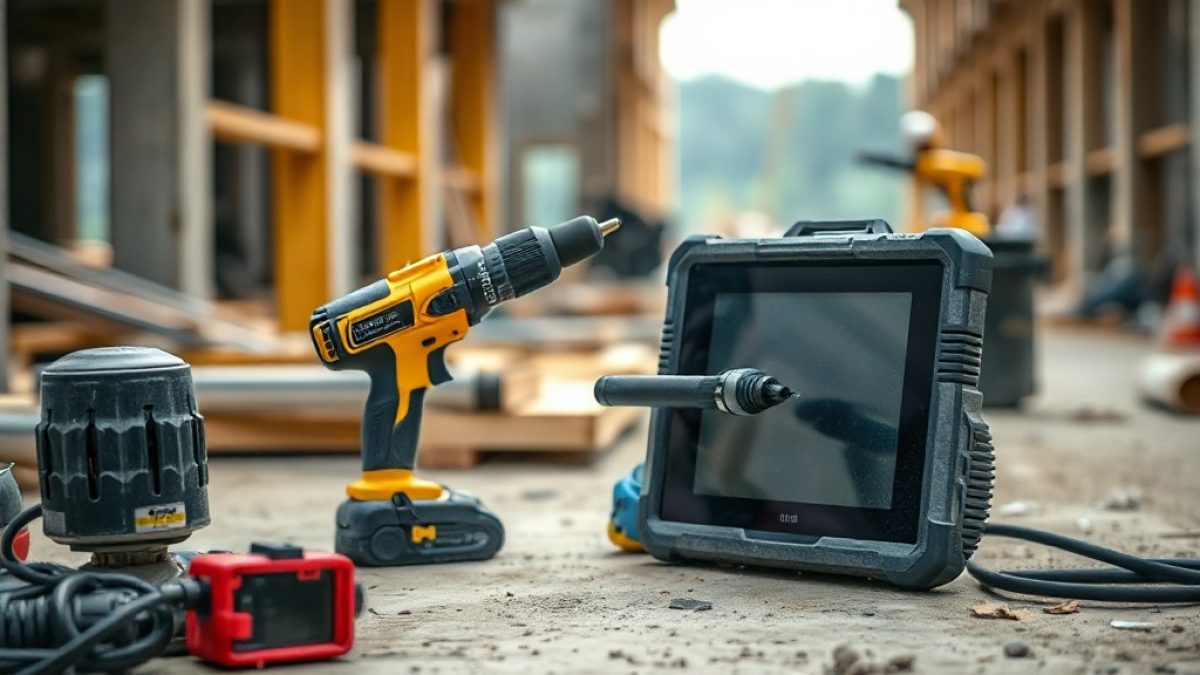 Construction equipment and power tools tagged and checked against a tablet on a busy building site