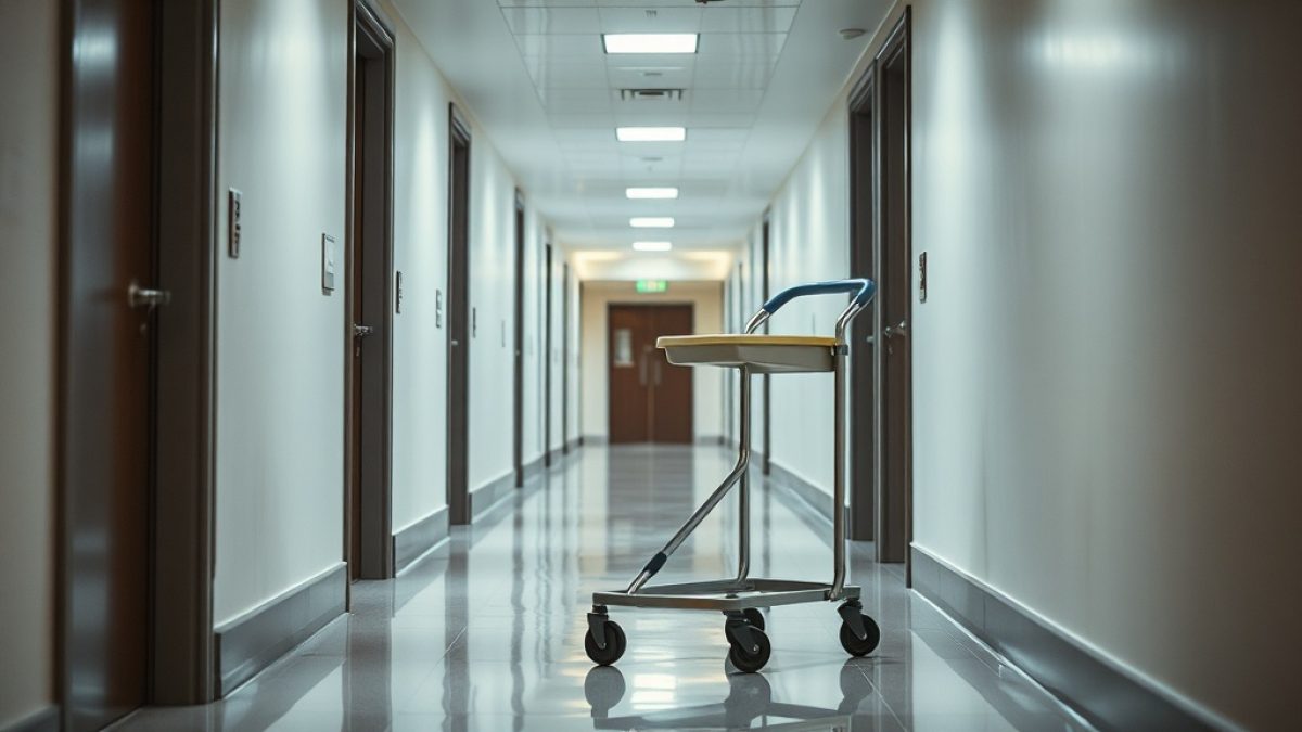 A housekeeping trolley in a bright hotel corridor with numbered room doors