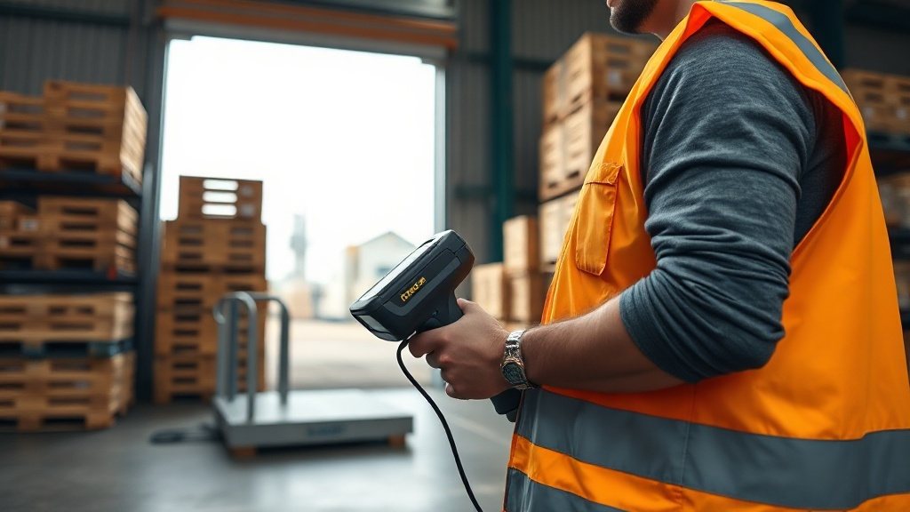 A forklift moving pallets through the tall racking aisles of a large modern warehouse