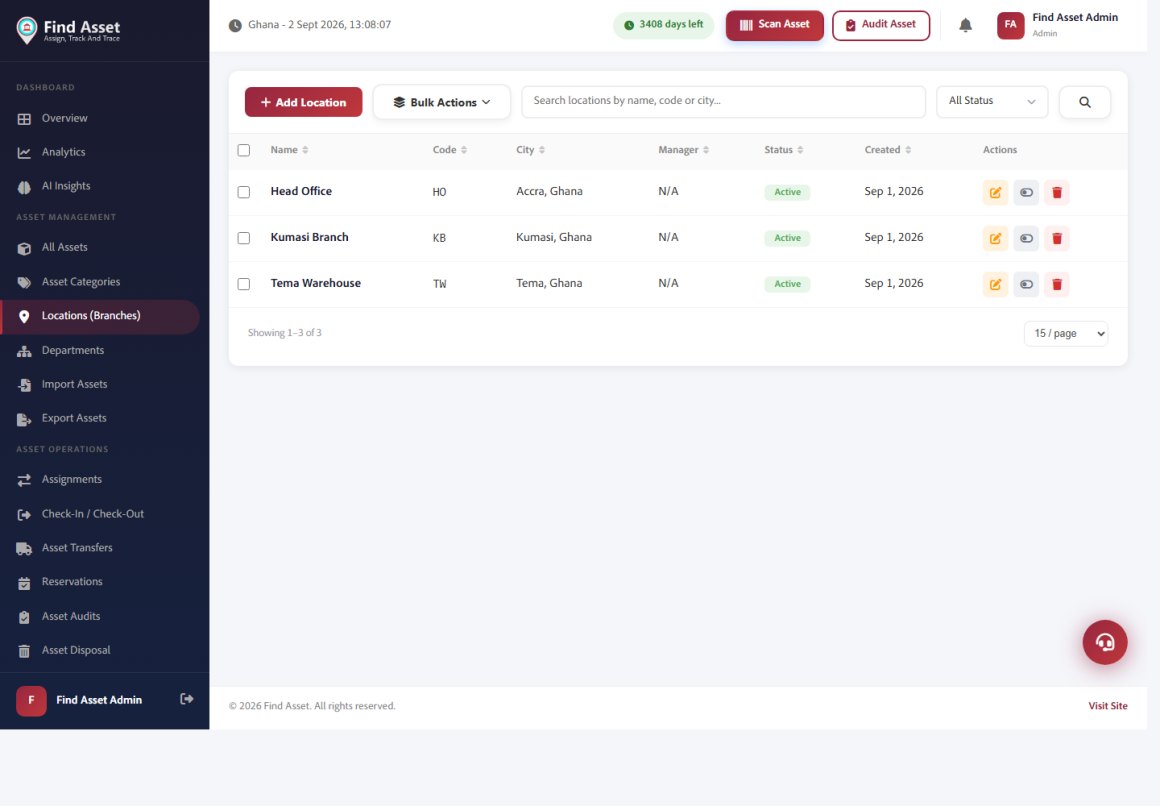 The Find Asset locations screen listing branches and warehouses with codes and cities