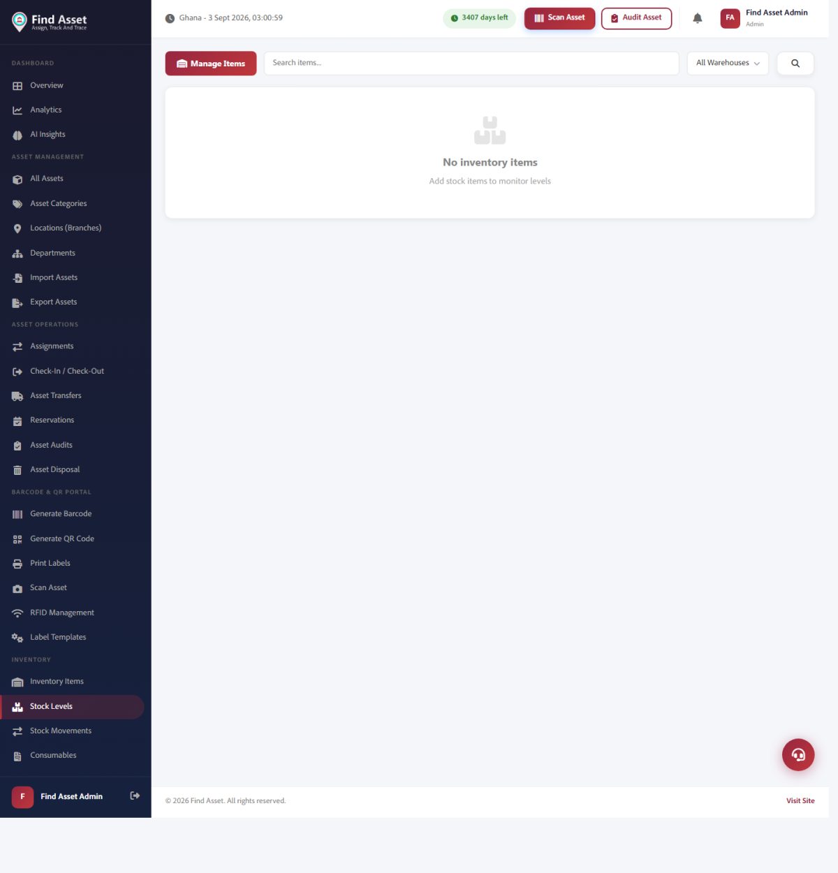 Find Asset's Stock Levels screen