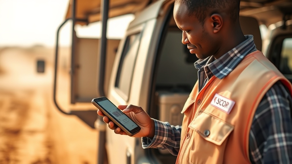 A field officer scans a durable asset tag on project equipment to update its custody record on a phone.