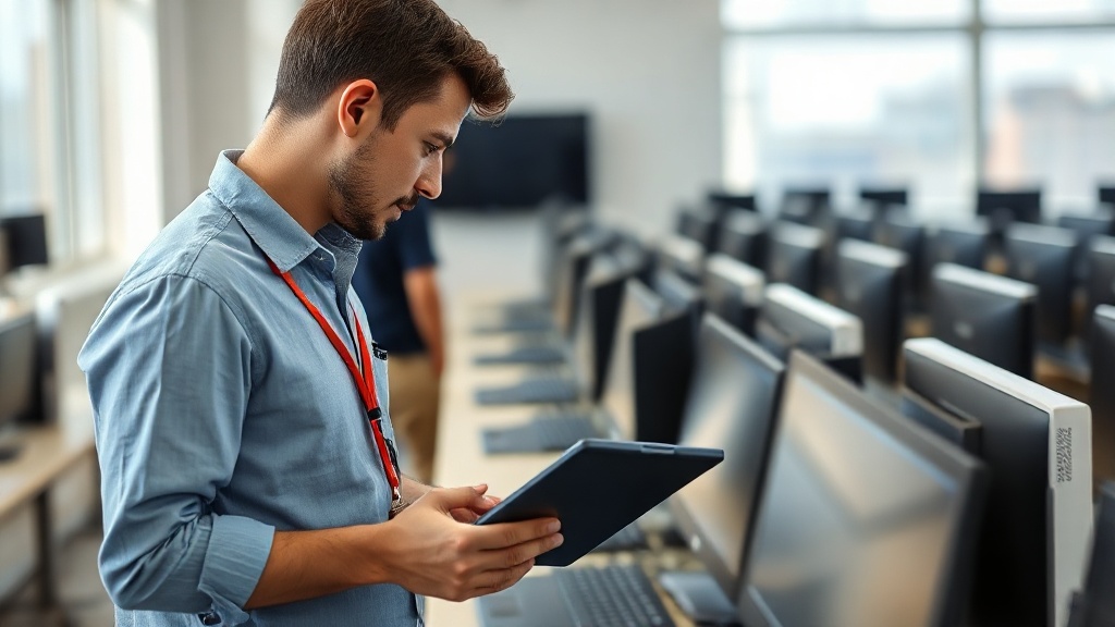 A school technician scans a barcode label on a laptop while updating the asset register on a tablet in a computer lab.