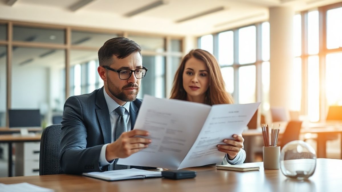 A manager and staff member reviewing an asset policy document together at a desk in a bright office