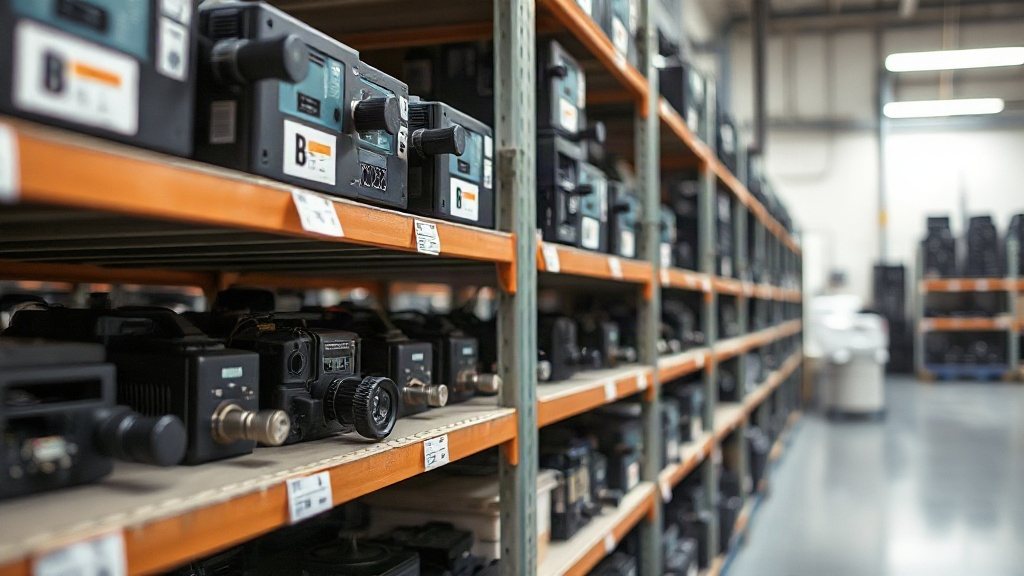 A technician at a workbench inspecting a piece of equipment beside labelled shelving in a well-lit store room