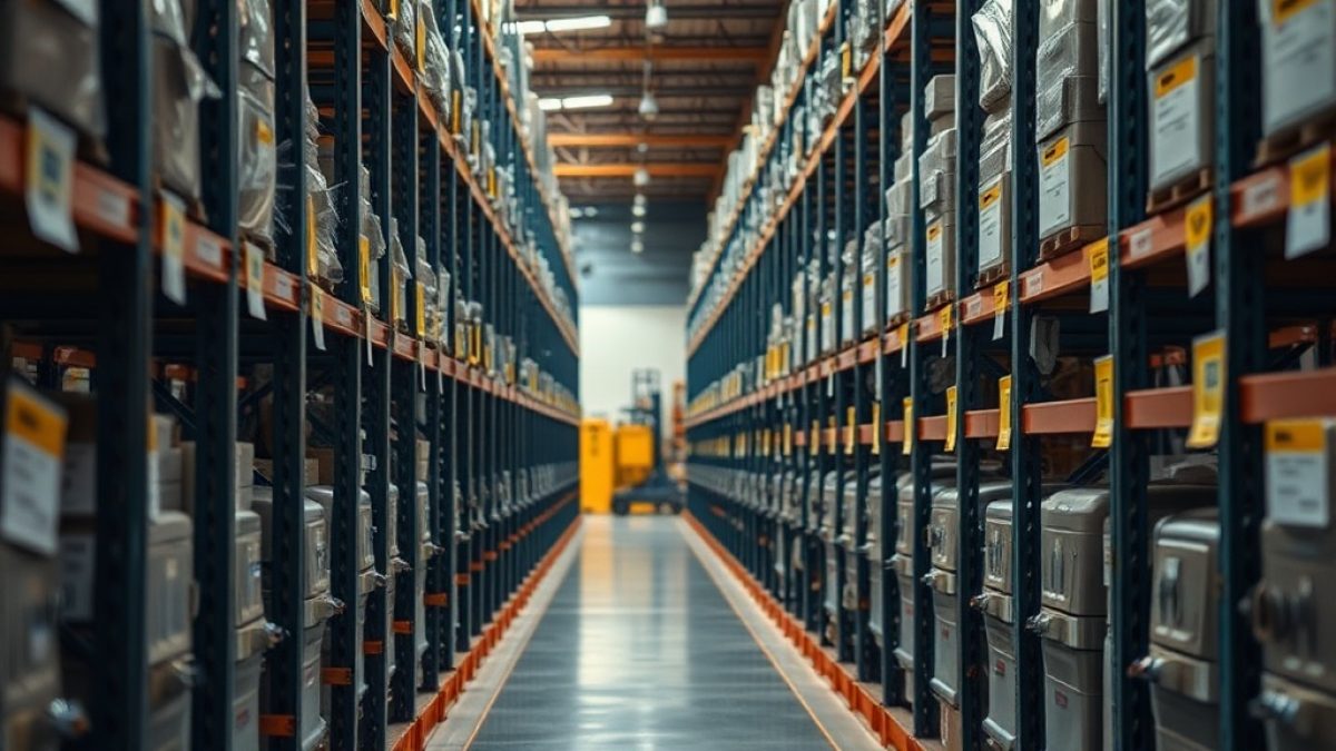 A warehouse aisle of neatly labelled equipment with visible ID tags in orderly rows