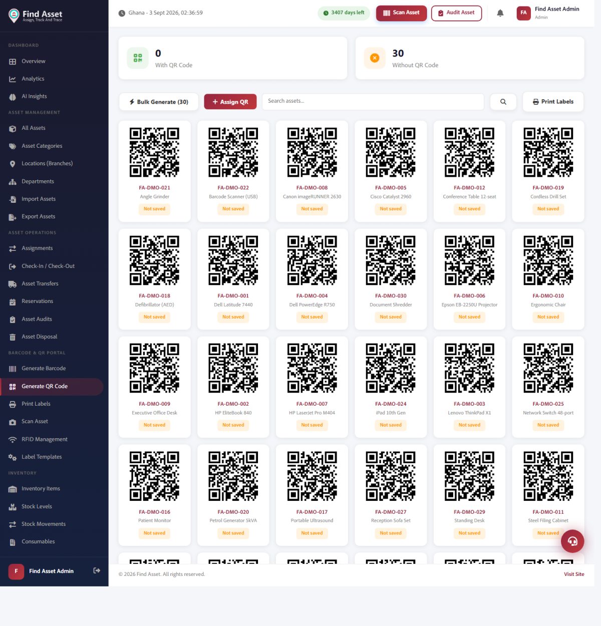 Find Asset's QR code generation screen for producing scannable tags tied to each asset's number