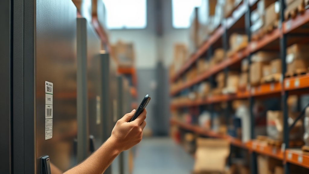 A team member scans a labelled asset on a mobile device during a routine cycle count in a busy stockroom.