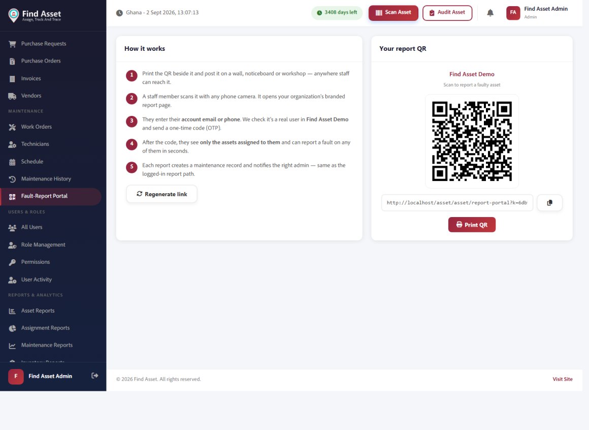 The Find Asset report portal showing a scan-to-report QR and instructions