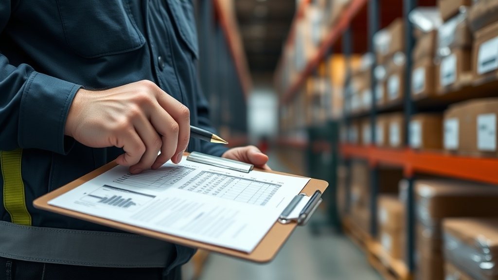 An operations manager reviewing a printed asset report on a clipboard beside rows of labelled equipment in a facility