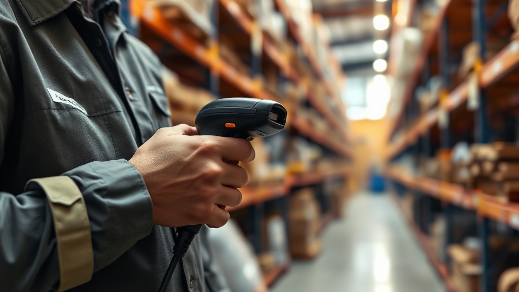A worker scans a barcoded asset tag on equipment using a handheld scanner in a warehouse.