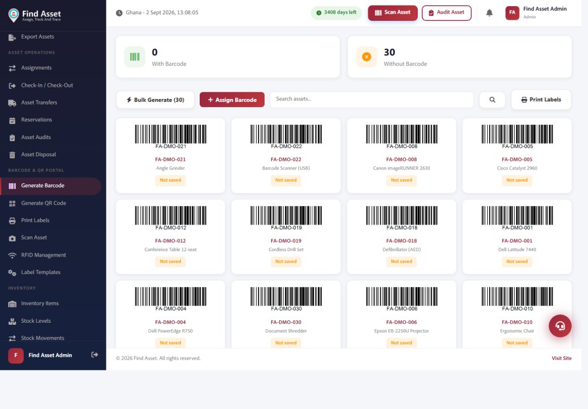 The Find Asset barcode portal generating Code 128 barcodes for each asset