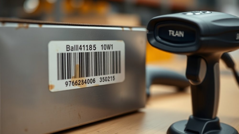 A storeroom worker re-scanning an asset label after checking the tag surface and lighting.