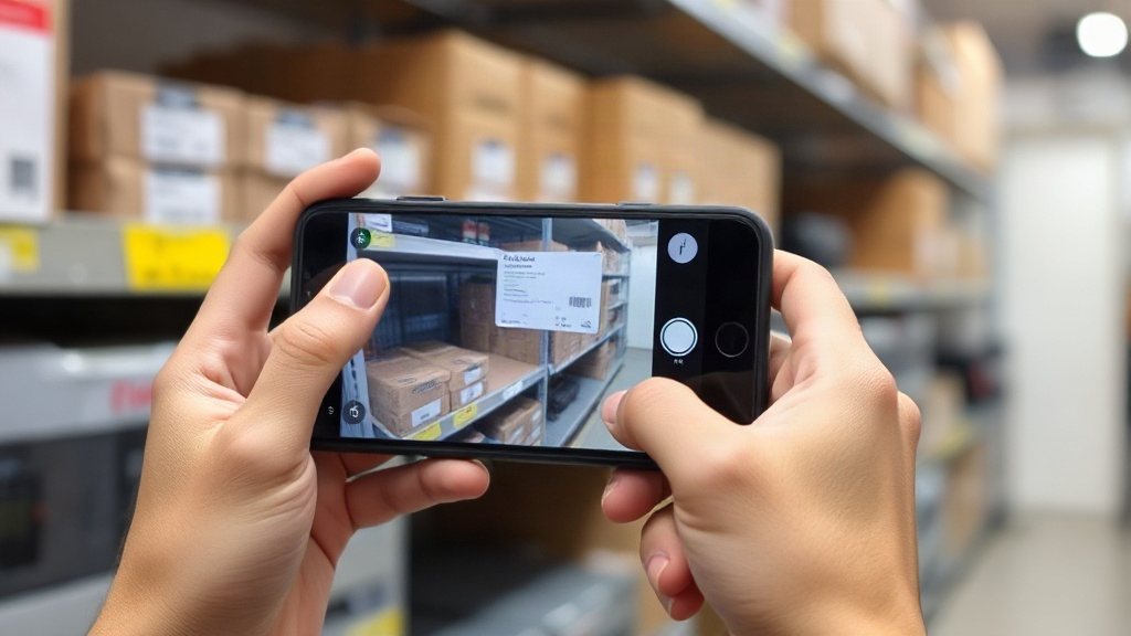 A gloved hand holding a handheld scanner up to a barcode label on a metal equipment case in a bright warehouse