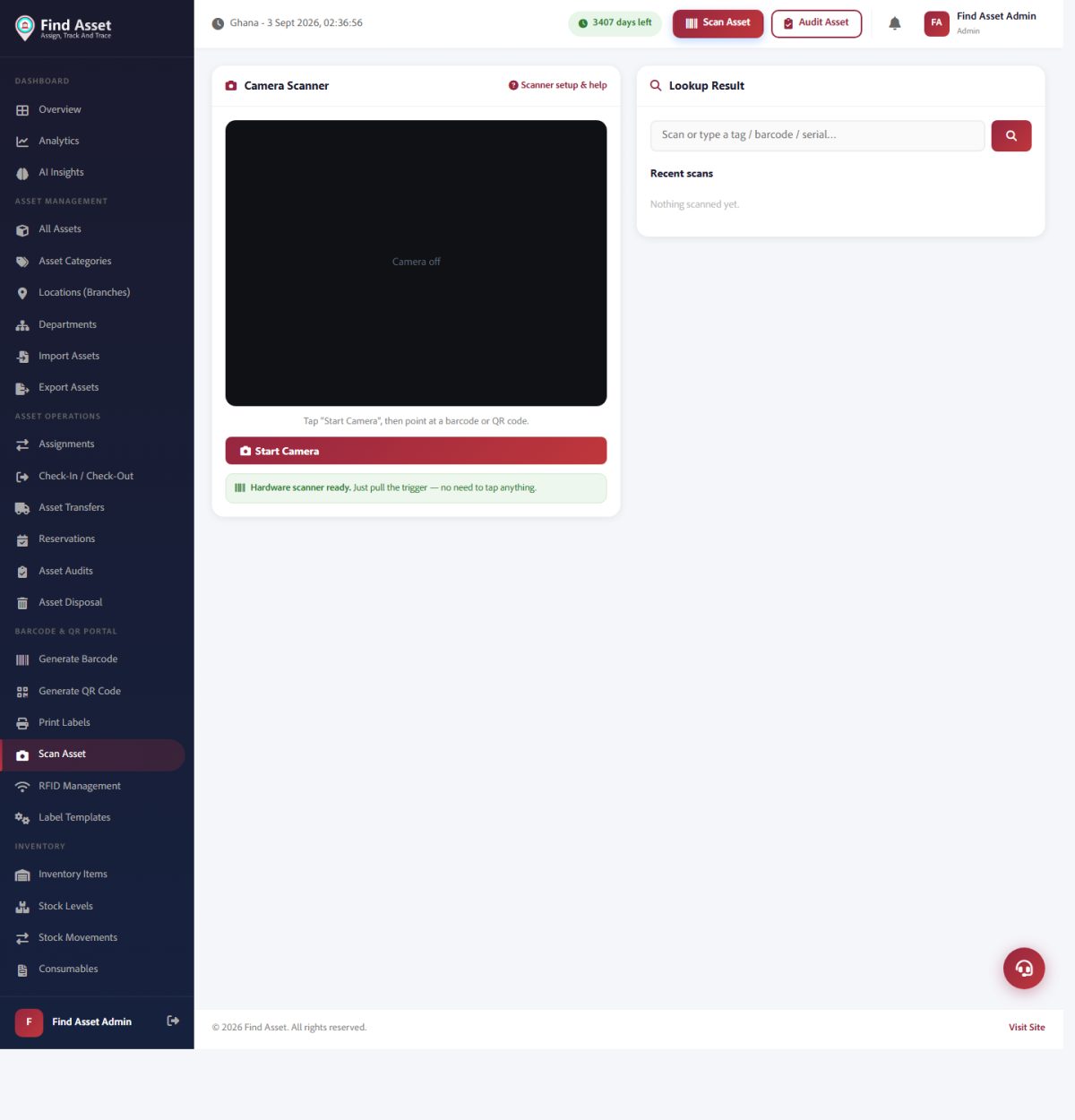 Find Asset's Scan Asset screen used to look up or verify an asset by scanning its barcode or QR tag