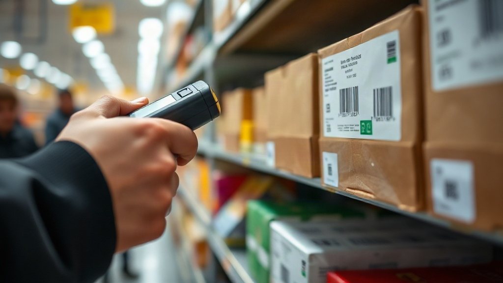 A staff member walking a storeroom aisle holding a phone up to a labelled shelf of equipment