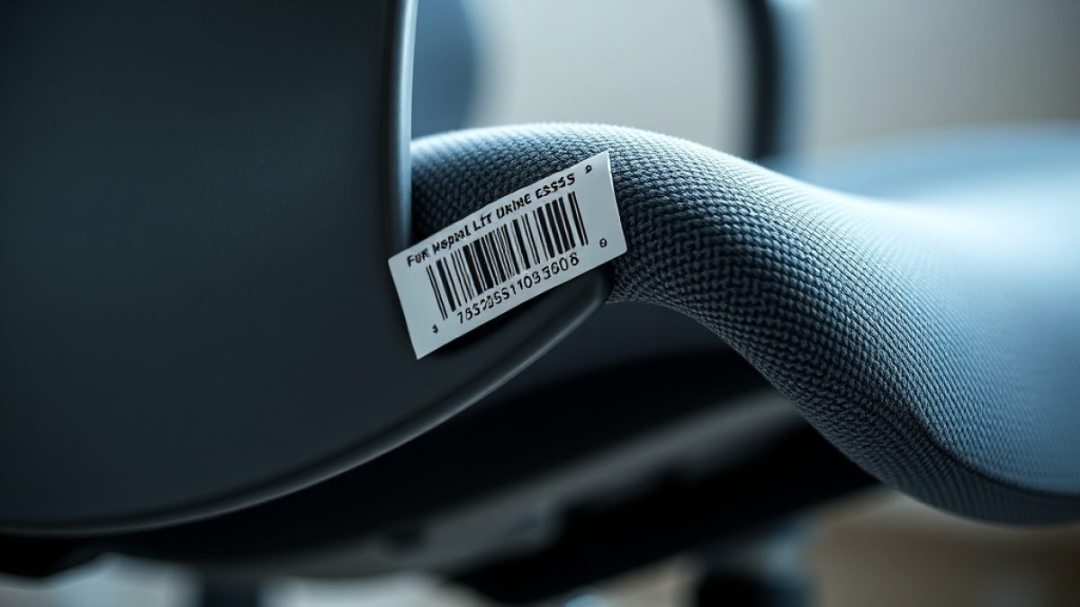 A barcode asset label being applied to the curved leg of an office chair