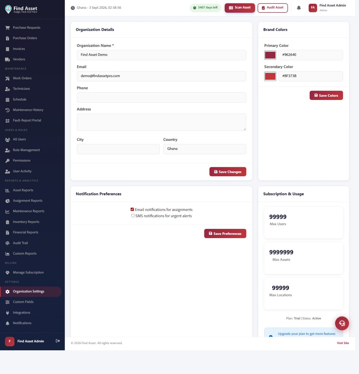 Find Asset's Settings screen for barcode and asset codes