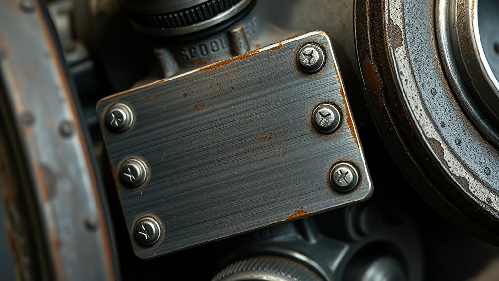 Close-up of a rugged anodised aluminium asset plate bolted to industrial equipment