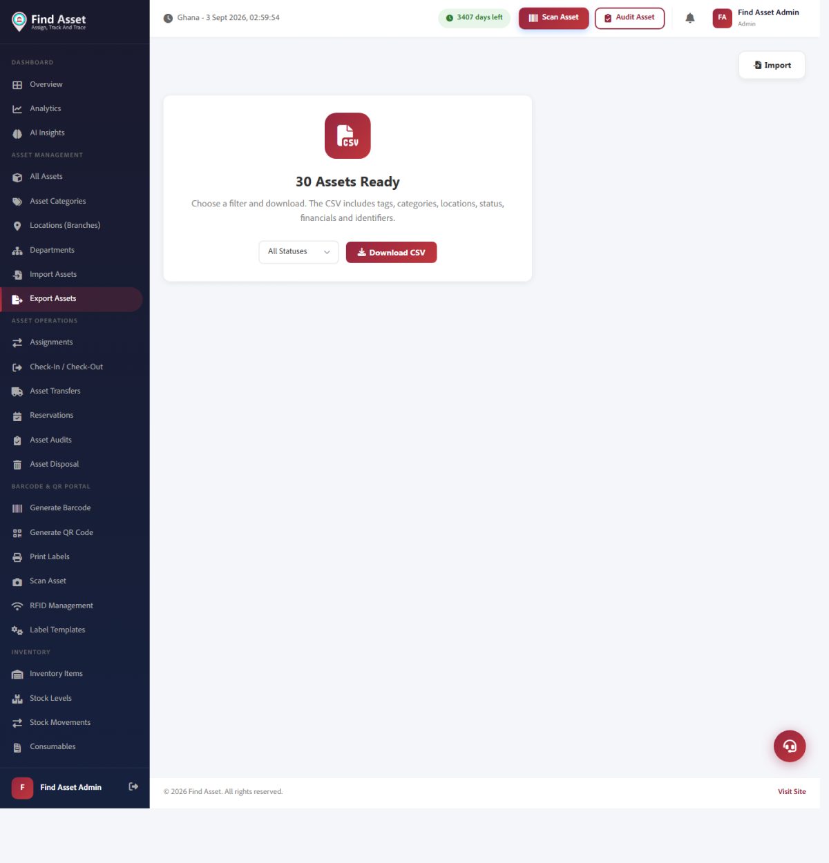 Find Asset's Export Assets screen