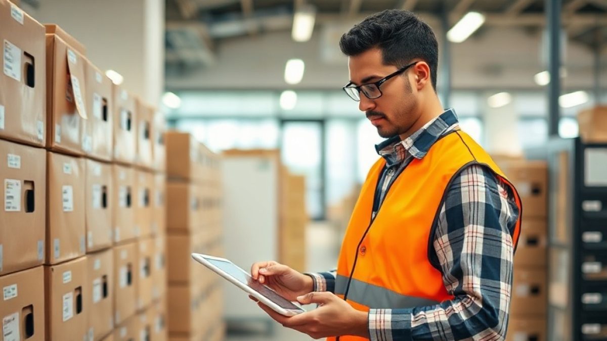 A staff member scanning and labelling office equipment during an asset management rollout, tablet in hand