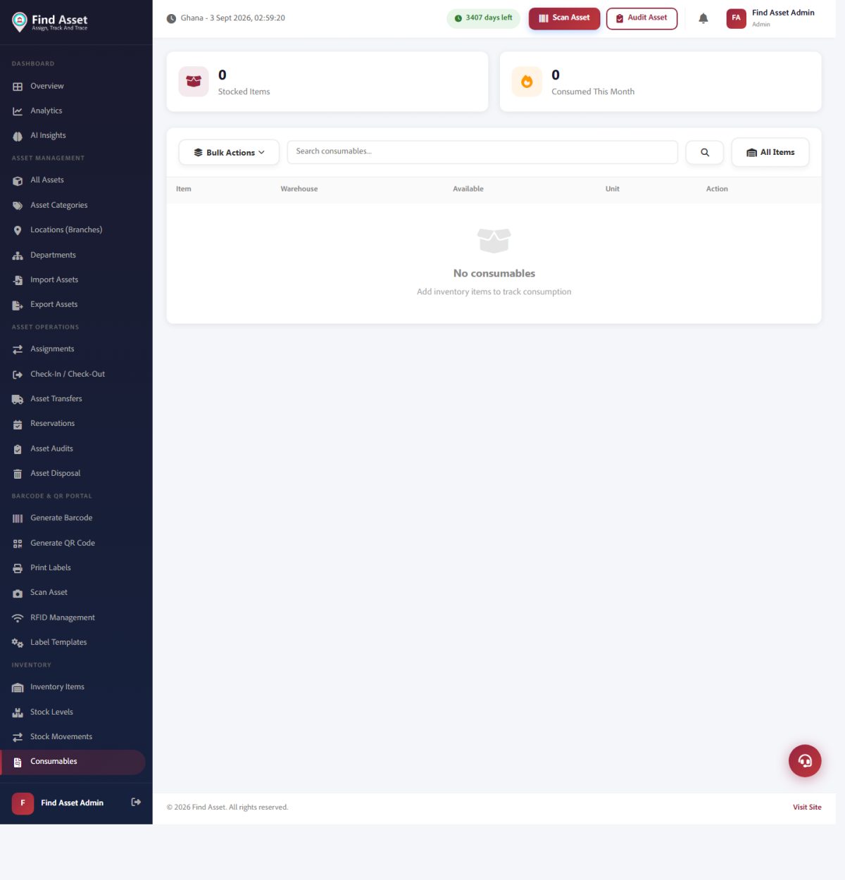 Find Asset's Consumables screen