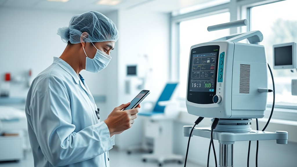 A biomedical technician scanning an asset tag on a hospital infusion pump to update its record.