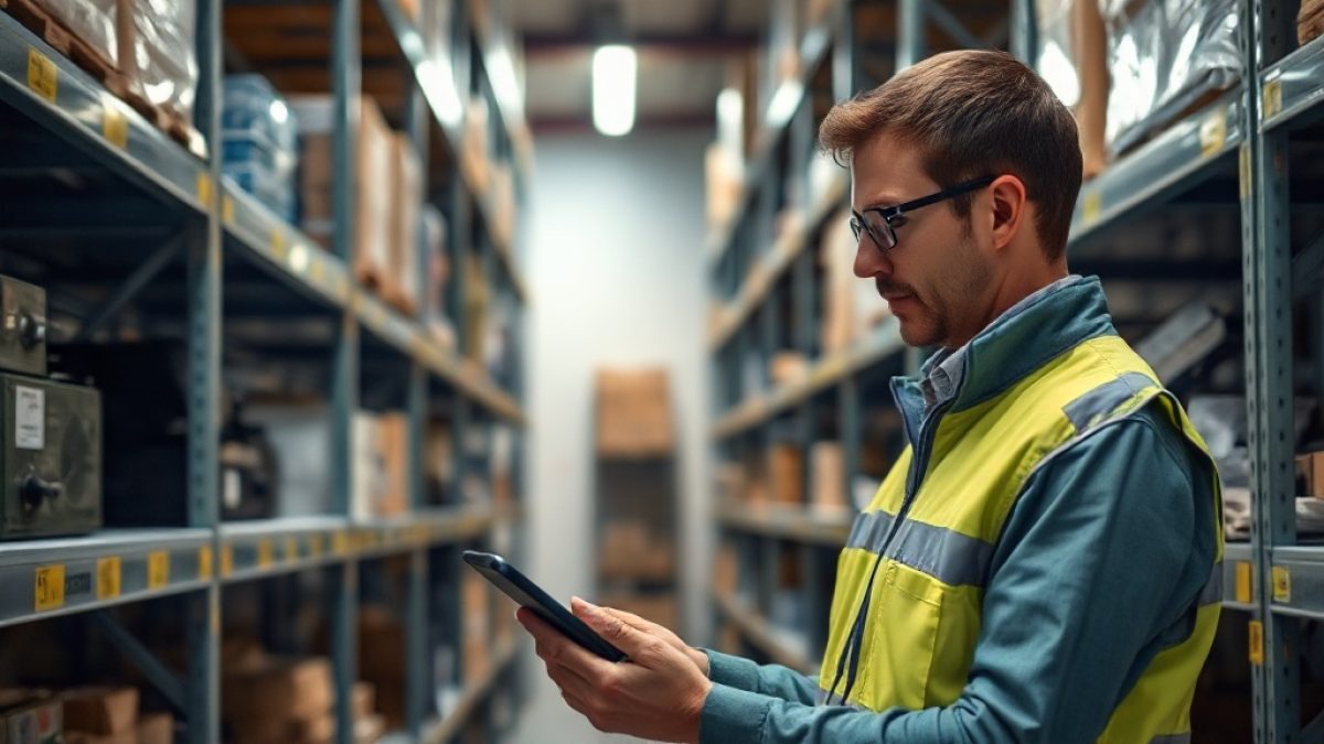 A staff member checking assets against a tablet during a routine spot audit in a storeroom