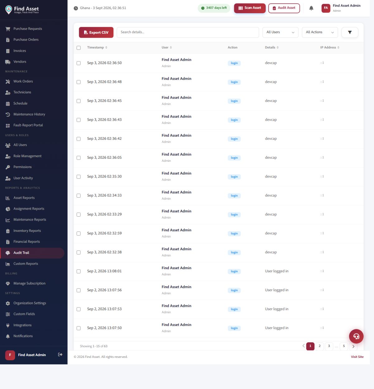 The Audit Trail screen in Find Asset showing a chronological log of changes made to assets