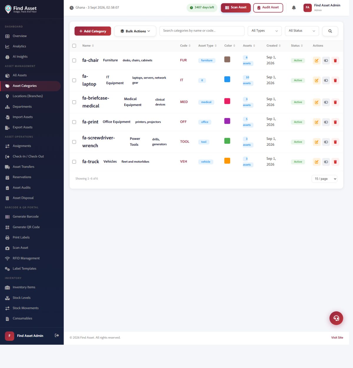 Find Asset's Asset Categories screen