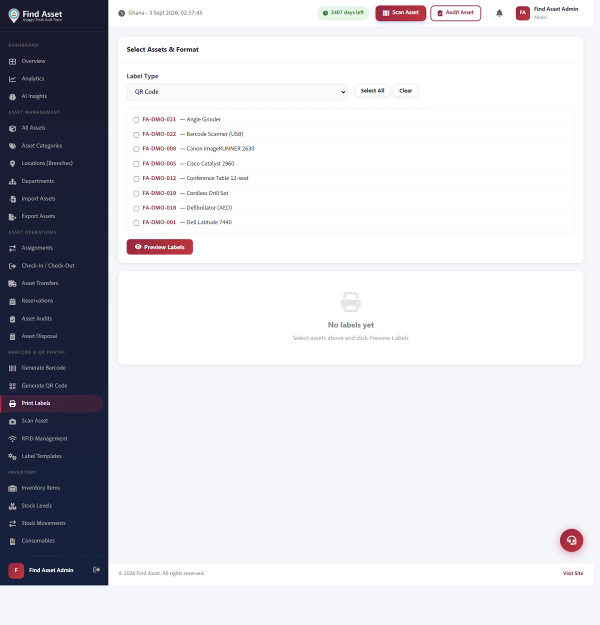 Find Asset's Print Labels screen