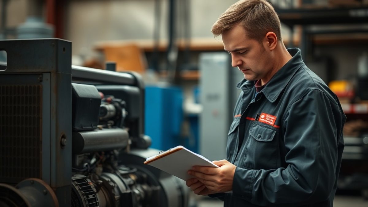 A technician inspects an old generator with a clipboard to decide whether to repair or retire it