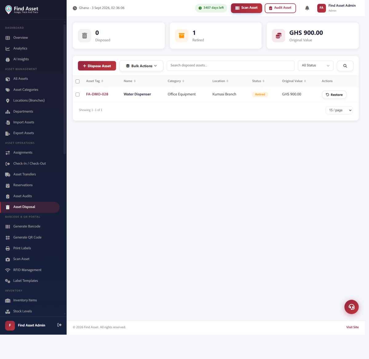 The Asset Disposal register in Find Asset, showing a retired item with its original value and a restore option