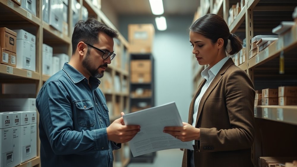 An auditor scans an asset tag on office equipment during a physical stock-take, recording location and condition on a mobile device.