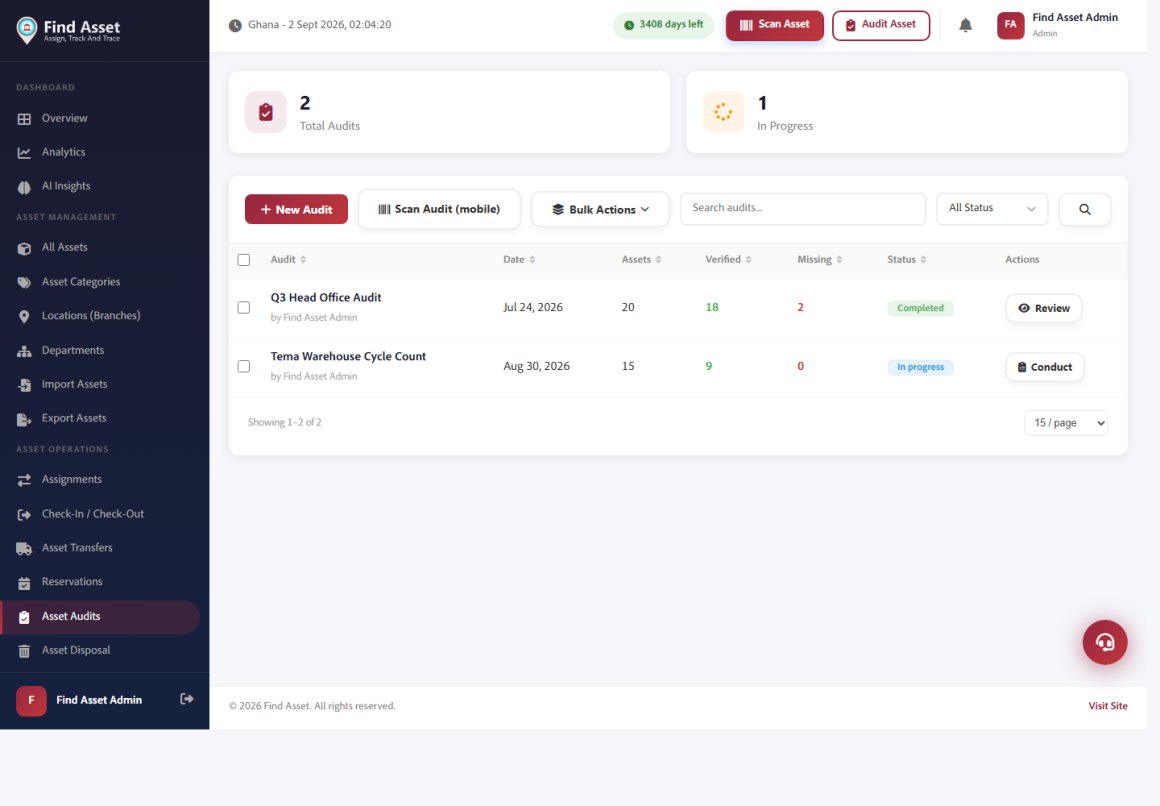 The Find Asset audits screen listing audit sessions with verified and missing counts and status