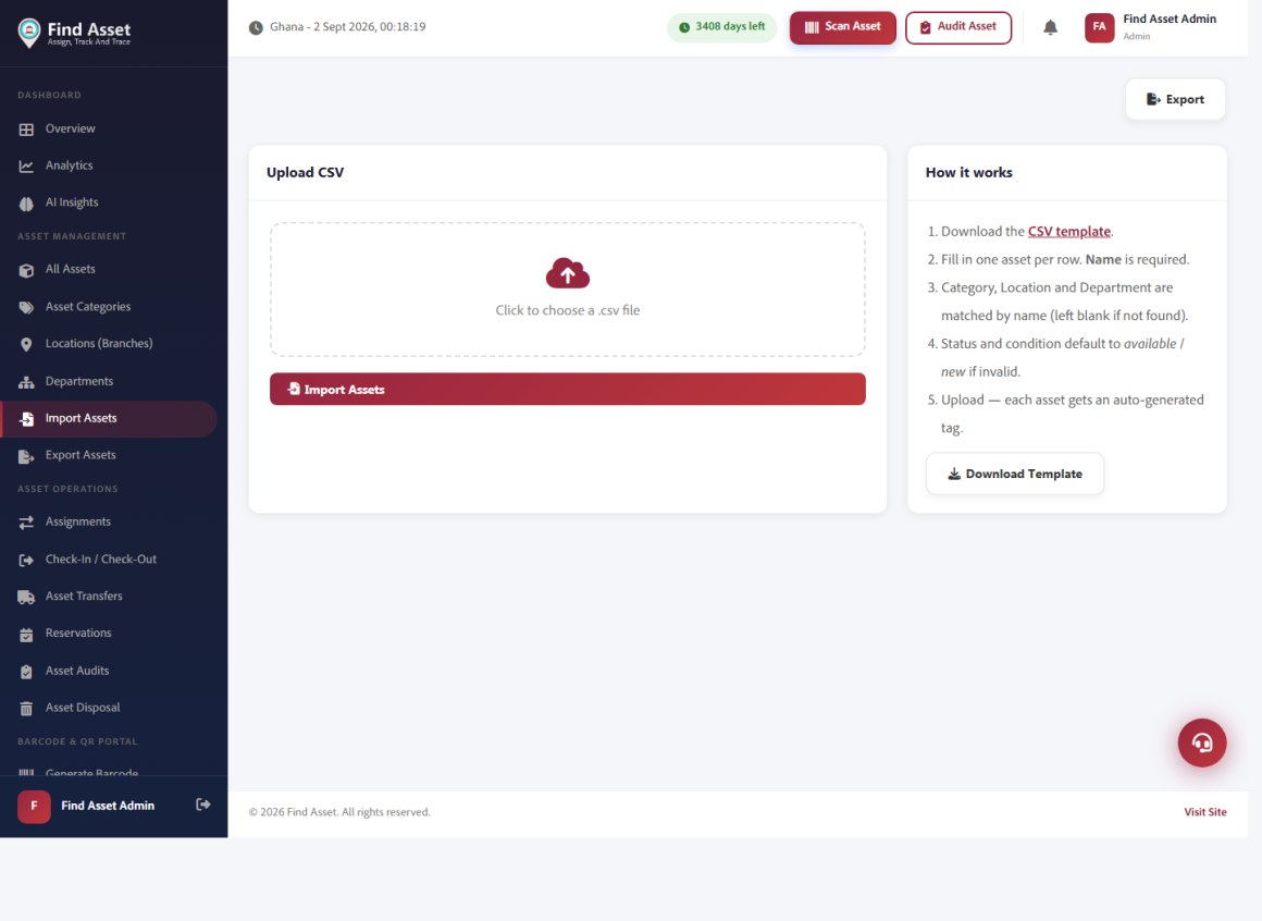 The Find Asset import screen for uploading a CSV of assets with a how-it-works guide