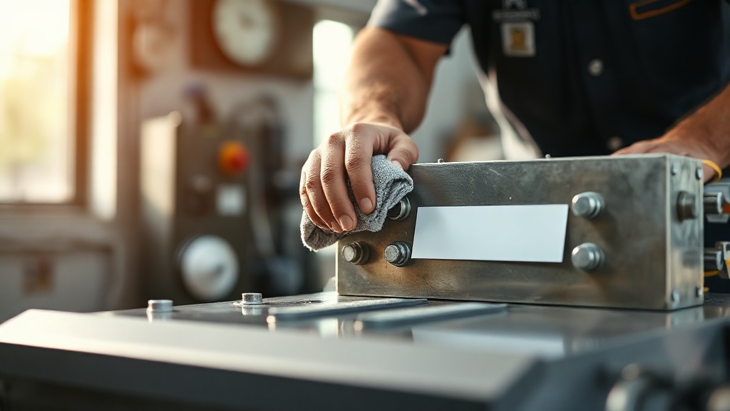 A worker cleaning an equipment surface before applying a durable asset label for a reliable bond.