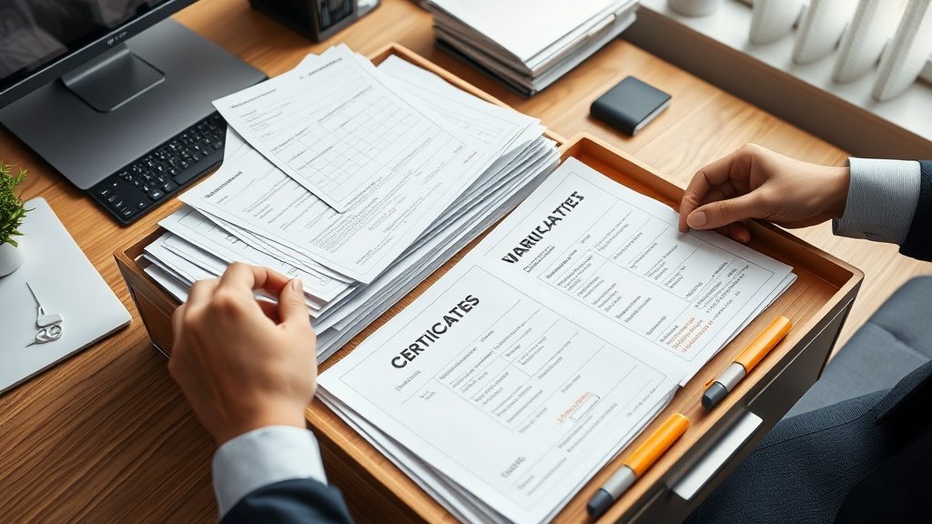 Warranty certificates and service contract documents organised in labelled folders on an office desk