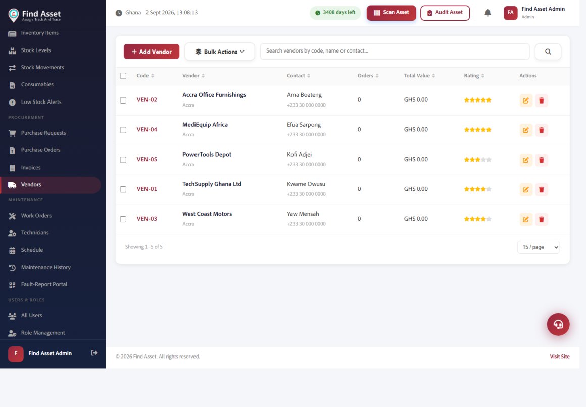 The Find Asset vendors screen listing suppliers with contacts and ratings