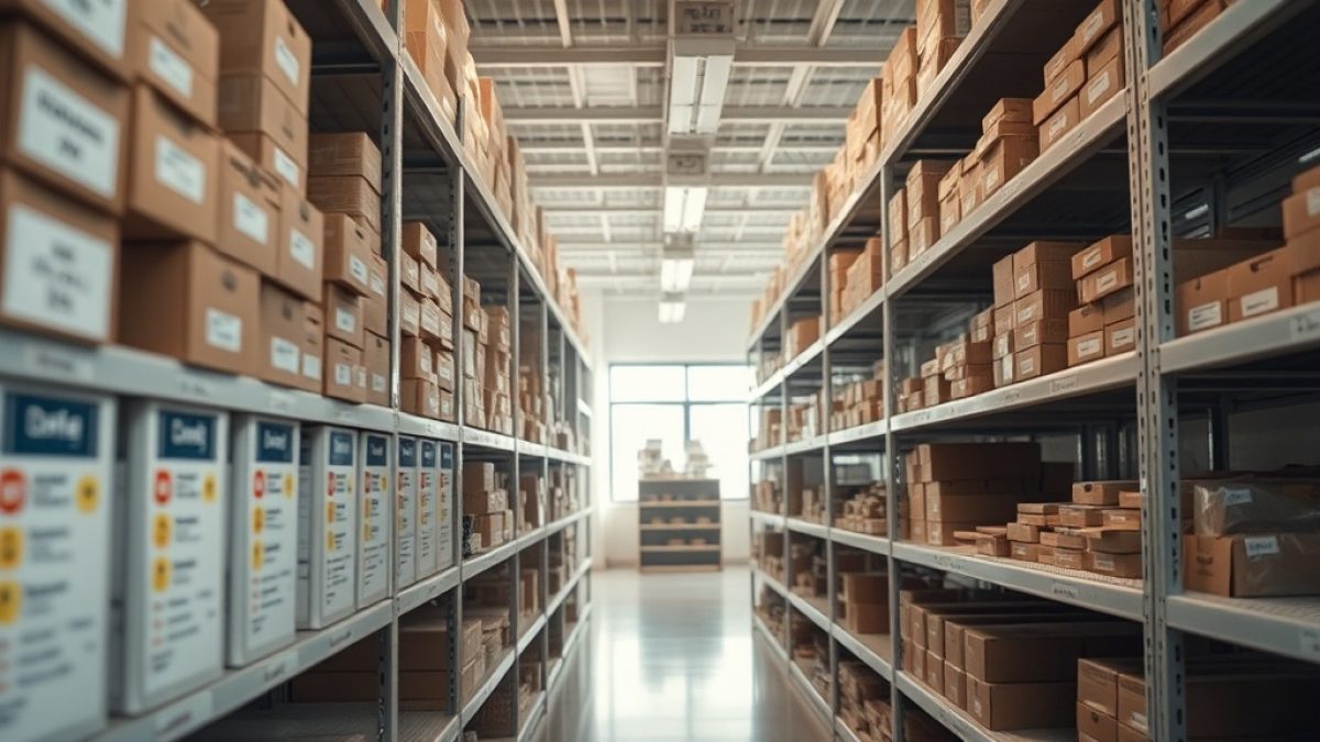 Labelled storage shelves and clearly signed departments in an organised office