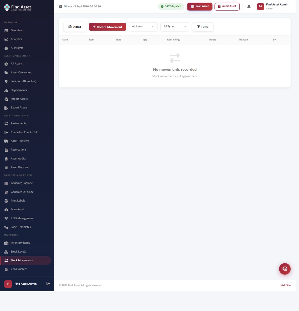 Find Asset's Stock Movements screen