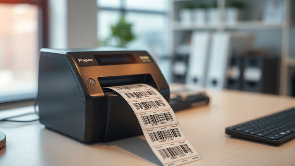 A technician peels freshly printed asset labels from a desktop thermal printer, each carrying a unique barcode.