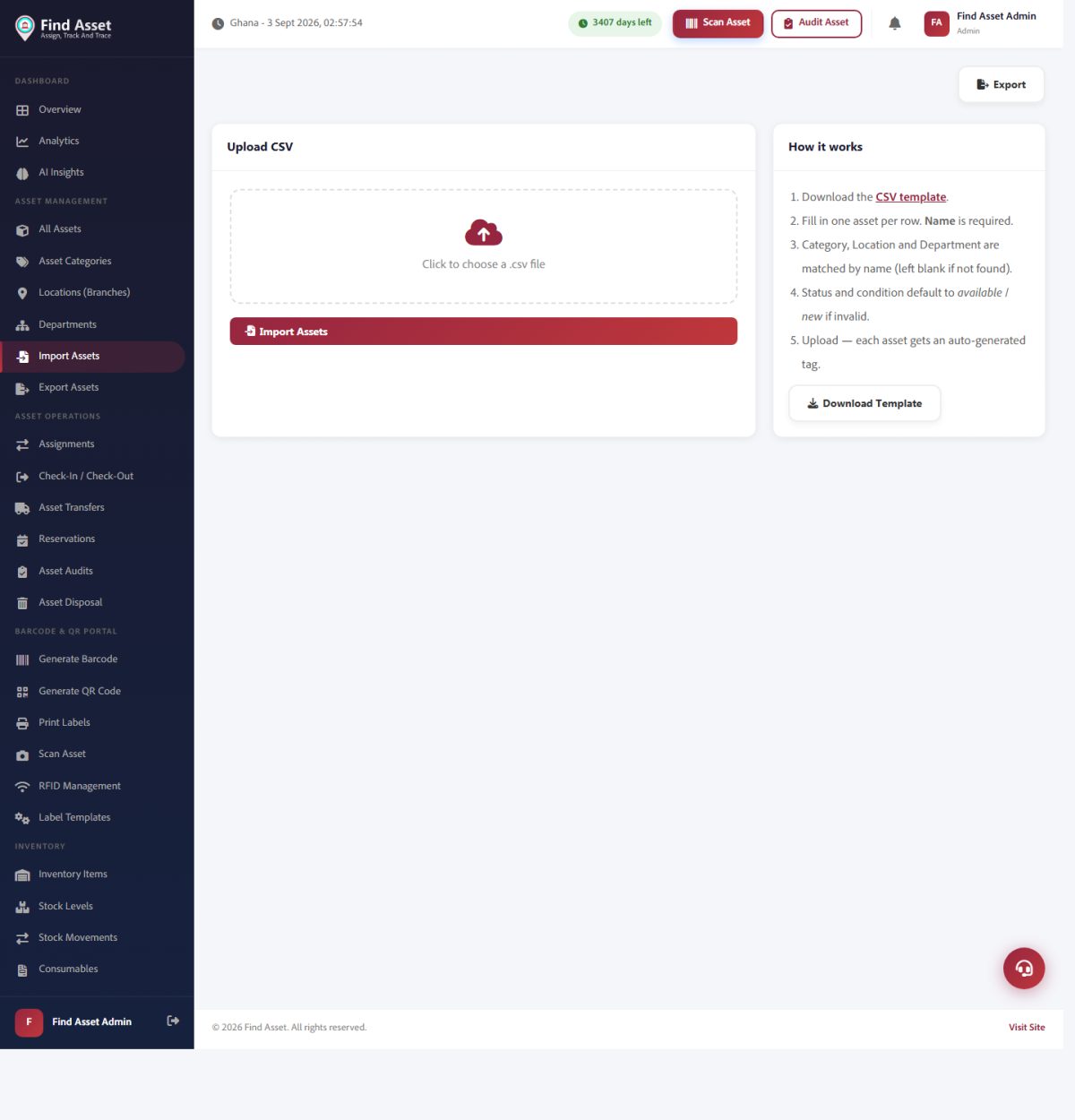 Find Asset's Import Assets screen for bulk data
